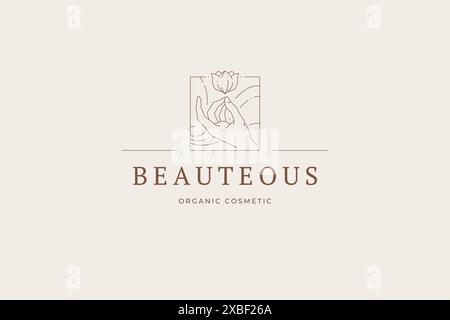 Romantische organische Schönheit Pflege natürliche Lotusblume mit menschlichen Hand quadratischen Rahmen monochrome Linie Kunst Logo Vektor Illustration. Elegant feminin wunderschön Stock Vektor
