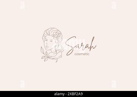 Minimalistische mittelalterliche weibliche Brust elegante Frisur mit Blume monochrome Linie Art Logo Vektor Illustration. Antike romantische Frauenkopfmonument mit Stock Vektor