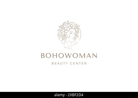 Elegante mittelalterliche weibliche Kranz Haarart Frühlingsblüte Blume dekorative Design Linie Kunst Logo Vektor Illustration. Romantische antike Frauengöttin Hea Stock Vektor