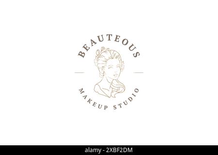 Schöne alte weibliche Büste dekoriert durch natürliche Blüte Blume monochrome Linie Art Logo Vektor Illustration. Romantische Frau Kopf antike Frisur sp Stock Vektor