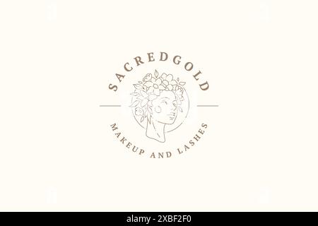 Monochrome mittelalterliche Schönheit Dame Kopf natürliche Blumenkranz dekorative Haarart Linie Kunst Logo Vektor Illustration. Minimalistisch weibliche Blumenbotanische B Stock Vektor
