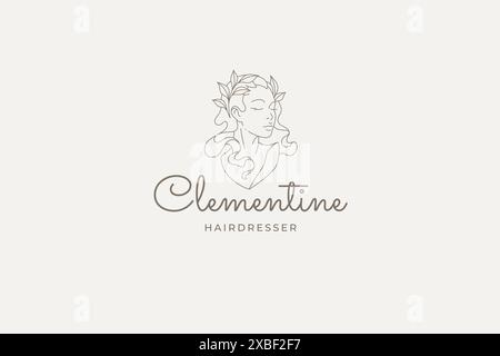 Wunderschöne junge Schönheit Dame Büste antike Denkmal Kopf mit tropischen botanischen Haarstil monochrome Logo Vektor Illustration. Ziemlich mittelalterliche Frau fas Stock Vektor