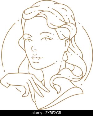 Hübsche Damenbüste in kreisförmigem Rahmen monochrome lineare Logo-Vektor-Illustration. Elegante Frau mit femininem, konturiertem, schlichtem Logo, isoliert auf Stock Vektor