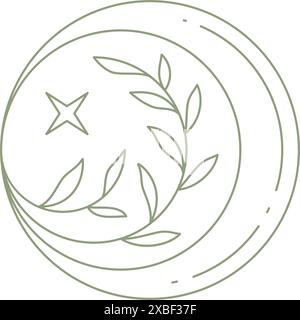 Dekorativer monochromer Baumzweig mit Blättern an gerundetem Kunstrahmen Icon Vektor Illustration. Schlichtes, lineares Logo, eleme im Halbmonddesign mit Blumenmuster Stock Vektor
