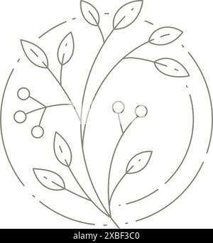 Einfarbiger einfacher Baumzweig mit Stiel, Blättern und Beere an dekorativer Kreis Rahmen Linie Art Logo Vektor Illustration. Lineare Natur Pflanzendekor für uns Stock Vektor