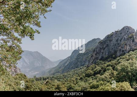 Ein wunderschöner Blick auf Bäume, Wälder und dramatische Berge in der antiken Ruine der pisidischen Stadt Termessos in der Nähe von Antalya in der Türkei an einem sonnigen Tag. Stockfoto