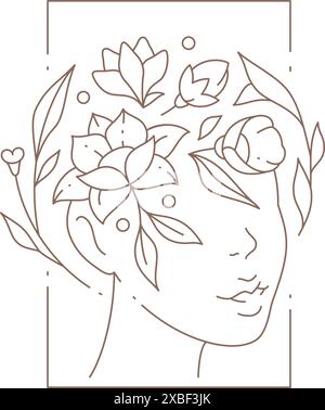 Weibliche elegante Kopf Kranz Blume und Blätter in rechteckigen Rahmen Etikett Vektor Illustration. Frauenporträt romantische Silhouette mit Blumenstrauß Isol Stock Vektor