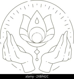 Lineare magische Lotosblume mit betenden menschlichen Händen Namaste an Kreis Hand gezeichneter Rahmen Logo Vektor Illustration. Monochrome Blumensymbol Meditation spir Stock Vektor