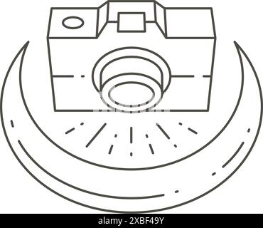 Linienart einfache Fotokamera, die Halbmond mit Isometrie-Logo-Vektor-Illustration von oben aufnimmt. Monochrom-Icon-Fotografie-Ausrüstung aufnehmen Stock Vektor