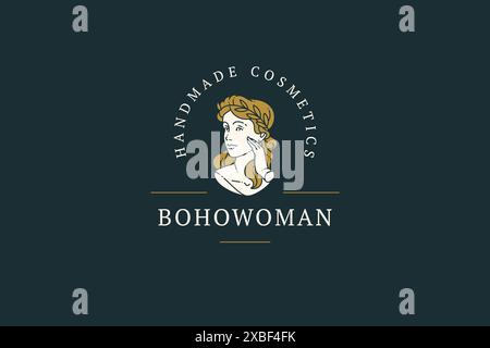 Romantische antike Frau Göttin in Lorbeerkranz Anwendung feuchtigkeitsspendende kosmetische Creme auf Gesicht minimalistischen Logo Vektor Illustration. Elegante weibliche Haut Stock Vektor