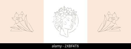 Lineares einfaches Logo Frau Porträt mit floralem botanischem Kranz am Rautenrahmen tropische Blätter Zweig Set Vektor-Illustration. Monochrom-Symbolkarte f Stock Vektor