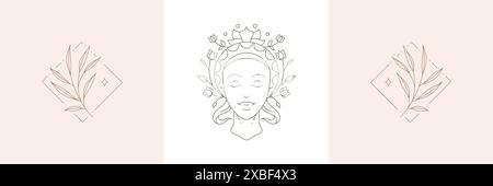 Einfarbiges antikes Göttin-Frauengesicht im botanischen Kranz mit tropischem natürlichen Baumzweig elegantes Dekor Set Vektor-Illustration. Simple Line Art ico Stock Vektor