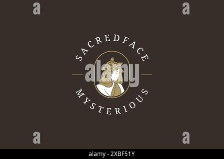 Romantische antike Frau mit Rosenkranzkopf goldene konturierte Logo Marke Identität Design Vektor flache Illustration. Elegante mittelalterliche Göttin flo Stock Vektor