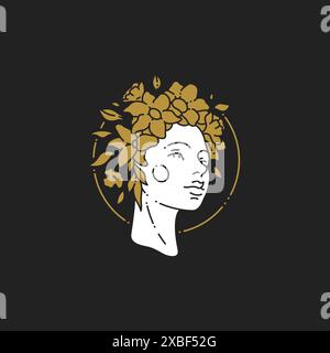 Antiker Frauenkopf bedeckt von Blütenblumen mit Kreis goldenem Rahmen minimalistische Icon Vektor Illustration. Mittelalterliche romantische elegante Dame mit Blüten Stock Vektor