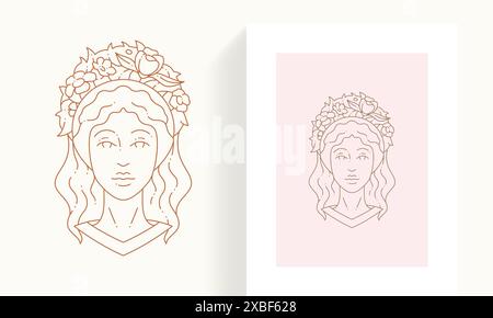 Linie Kunst einfache minimalistische Frau mit Blumen Kopf Porträt Pastellfarbe Rand Set Icon Vektor Illustration. Eleganter romantischer Frauenblütenduft Stock Vektor