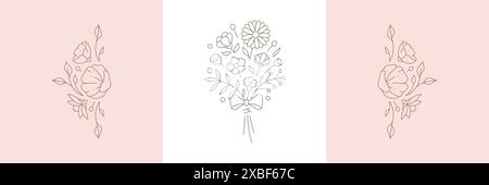 Einfarbiges lineares Logo Set Grußkarte dekoratives Design mit natürlichen Wildblumen Blumenstrauß Pastell Vektor Illustration. Einfaches Blumenetikett für Stock Vektor