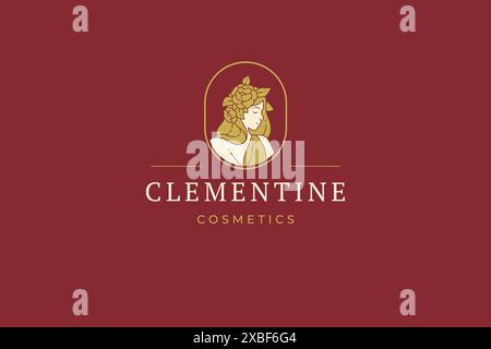 Alte Mode-Frau mit floraler Blüte Kranz Kreis goldene Chic Rahmen Branding Firmenlogo Vektor Illustration. Minimalistisches Visitenkartendekor Stock Vektor