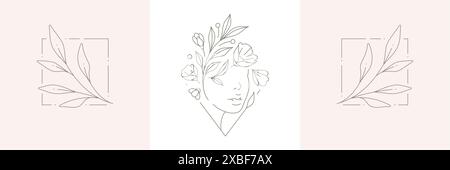 Frauenporträt mit blumigem botanischem Kranz am Rautenrahmen tropische Blätter Zweig Set Vektor-Illustration. Einfarbige Icon-Karte für feminine Schönheit Stock Vektor
