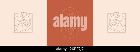 Einfarbige Linie Kunst florale dekorative Design Schönheit Salon Wellness Studio Hochzeit Karte Set Vektor Illustration. Einfaches, lineares Logo mit gehaltener Hand Stock Vektor