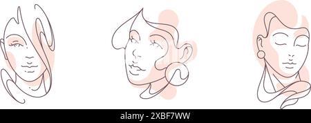 Frau Porträt Einfachheit kontinuierliche Linie Pastelltfleck Farbe Icon Satz Vektor Illustration. Wunderschönes elegantes, hübsches Frauengesicht, dekoriert mit Designeleme Stock Vektor