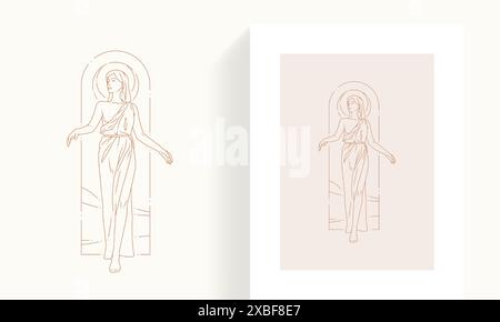 Elegante Frau griechische antike Göttin im Kleid mit dekorativem Esoteric Rahmen Linie Art Karte Symbol Set. Alte romantische Dame einfach einfarbig Stock Vektor