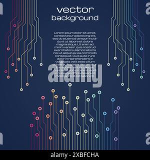 Abstrakter technologischer dunkelblauer Hintergrund mit bunten Elementen des Mikrochips. Hintergrundstruktur der Leiterplatte. Vektorabbildung. Stock Vektor