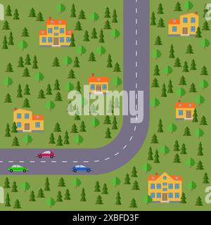 Plan des Dorfes. Landschaft mit Straße, Wald, Autos und Häusern. Vektorabbildung Stock Vektor