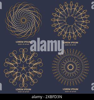 Set aus vier geometrischen runden Elementen im Vintage-Stil. Vektor-Goldmonogramm auf dunkelblauem Hintergrund. Vektorabbildung Stock Vektor