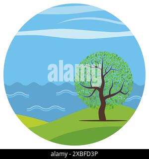 Vektor-Karikaturlandschaft mit dem einsamen Baum gegen den See im Kreis. Stock Vektor