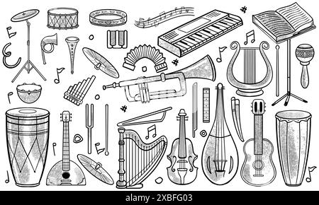 Schwarz-weiß handgezeichnetes Set von klassischen und Jazz-Musikinstrumenten im Doodle-Stil isoliert auf weißem Hintergrund. Stock Vektor