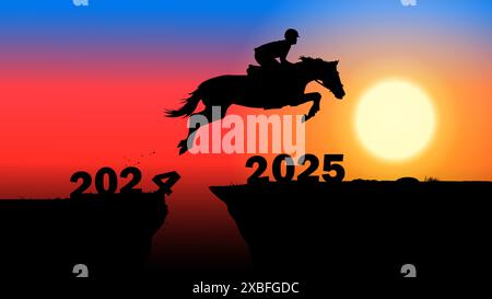 Silhouette Pferd springen Konzept Neujahr 2024 bis 2025 Neujahr mit Sonnenaufgang Hintergrund Stock Vektor
