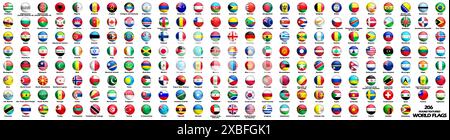 Sammlung offizieller Flaggen der Welt in alphabetischer Reihenfolge rund um den 3D-Effekt. Stockfoto