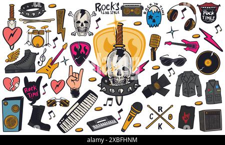 Buntes handgezeichnetes Set von Rockmusik Kritzelmusik Musikinstrumente im Doodle-Stil isoliert auf weißem Hintergrund. Stock Vektor