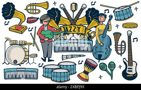 Buntes handgezeichnetes Set mit Jazz-Musik-Doodle-Set. Musikinstrumentenkonzept im Doodle-Stil isoliert auf weißem Hintergrund. Stock Vektor