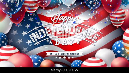 4. Juli Unabhängigkeitstag der USA Illustration mit amerikanischem Flaggenmuster Party Ballon und Typografie Schriftzug auf fallendem Konfetti Hintergrund Stock Vektor