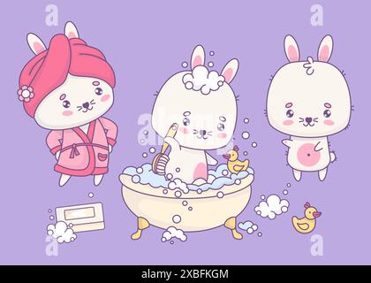 Niedliche Häschen-Kollektion. Lustige weiße Kaninchen in rosa Bademantel und Handtuch, Baden im Schaumbad mit Gummiente. Isolierte Zeichentricktiere Kawaii Saibling Stock Vektor