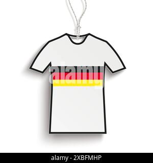 Preisaufkleber T-Shirt Schwarz weiß Deutschland 2 weiß und schwarz hängender Preisaufkleber in T-Shirt-Form mit deutscher Flagge auf weißem Hintergrund. Stockfoto