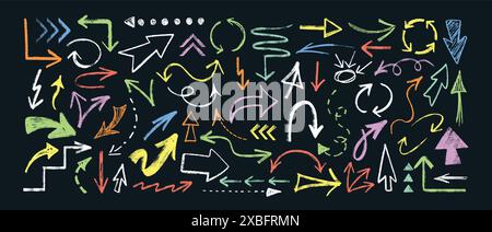 Vektor Hand gezeichnete Holzkohle Bleistift Pfeile gesetzt. Zeiger für die Kritzelrichtung, gekrümmte Konturen, Hervorhebung, grobes Kreiszeichen und Pfeilzeichen. Bunte gestrichelte Linien mit Kreide. Farbe Grunge Textur Buntstift Scribbles Stock Vektor