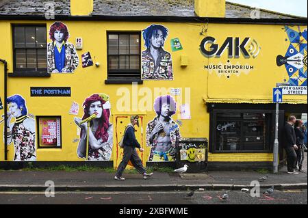 Music Emporium, Gebäude mit Bildern von Kate Bush, David Bowie, Jim Morrison, Amy Whitehouse, Bob Marley und Jimi Hendrix, North Laine, Brighton, England *** Music Emporium, Gebäude mit Bildern von Kate Bush, David Bowie, Jim Morrison, Amy Whitehouse, Bob Marley und Jimi Hendrix, North Laine, Brighton, England Stockfoto