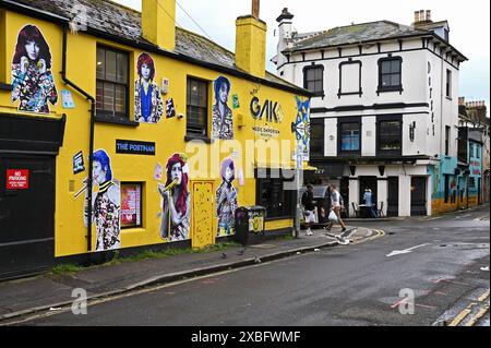 Music Emporium, Gebäude mit Bildern von Kate Bush, David Bowie, Jim Morrison, Amy Whitehouse, Bob Marley und Jimi Hendrix, North Laine, Brighton, England *** Music Emporium, Gebäude mit Bildern von Kate Bush, David Bowie, Jim Morrison, Amy Whitehouse, Bob Marley und Jimi Hendrix, North Laine, Brighton, England Stockfoto