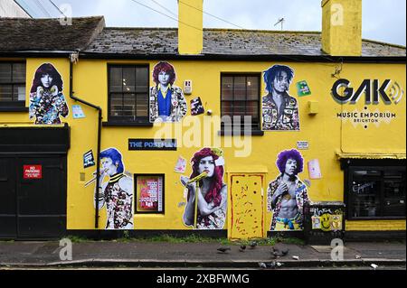 Music Emporium, Gebäude mit Bildern von Kate Bush, David Bowie, Jim Morrison, Amy Whitehouse, Bob Marley und Jimi Hendrix, North Laine, Brighton, England *** Music Emporium, Gebäude mit Bildern von Kate Bush, David Bowie, Jim Morrison, Amy Whitehouse, Bob Marley und Jimi Hendrix, North Laine, Brighton, England Stockfoto