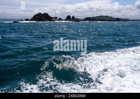 Blick auf die Halbinsel Saint-Jacut-de-la-mer und den Ebihens-Archipel von einer touristischen Bootstour der Compagnie Corsaire an der Smaragdküste in der Cote Stockfoto