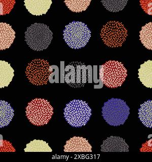 Vektor Pom Pom Wackeln nahtlose Muster, trendige Farbe, Herbst 2020, grau, orange, schwarz, Mandel, weinrot. Wiederholtes Muster. Pompon in Reihen auf rotem Schwarz Stock Vektor