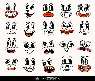 Retro-Zeichentrickfiguren lustige Gesichter. Stock Vektor