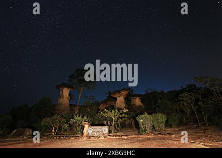 Sao Chaliang oder Earth Pillar ist eine Sandsteinsäule in Form eines Pilzes, die auf dem Innenhof des Pha Taem National Park gefunden wurde. Stockfoto