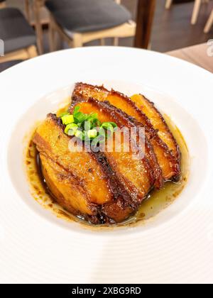 Gedämpfter und geschmorter Schweinebauch garniert mit grünen Zwiebeln, serviert in einer herzhaften Sauce, präsentiert auf einem weißen Teller. Stockfoto