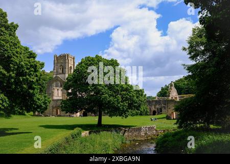 Fountains Abbey, Ripon, North Yorkshire, England, Großbritannien. Die Ruinen eines Zisterzienserklosters wurden erstmals 1132 n. Chr. geplant. Stockfoto