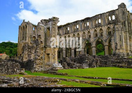 Die Ruinen der Rievaulx Abbey in der Nähe von Helmsley in North Yorkshire, England, Großbritannien. Ursprünglich 1132, im 12. Jahrhundert, erbaut. Farbfoto. Stockfoto