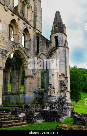 Die Ruinen der Rievaulx Abbey in der Nähe von Helmsley in North Yorkshire, England, Großbritannien. Ursprünglich 1132, im 12. Jahrhundert, erbaut. Stockfoto