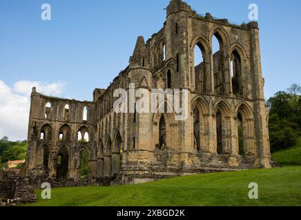 Die Ruinen der Rievaulx Abbey in der Nähe von Helmsley in North Yorkshire, England, Großbritannien. Ursprünglich 1132, im 12. Jahrhundert, erbaut. Stockfoto